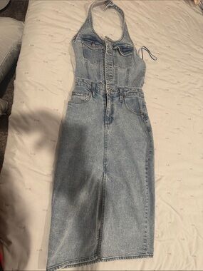 universal thread halter denim dress Isalin Mid Wash Denim Halter Mini Dress - US 16